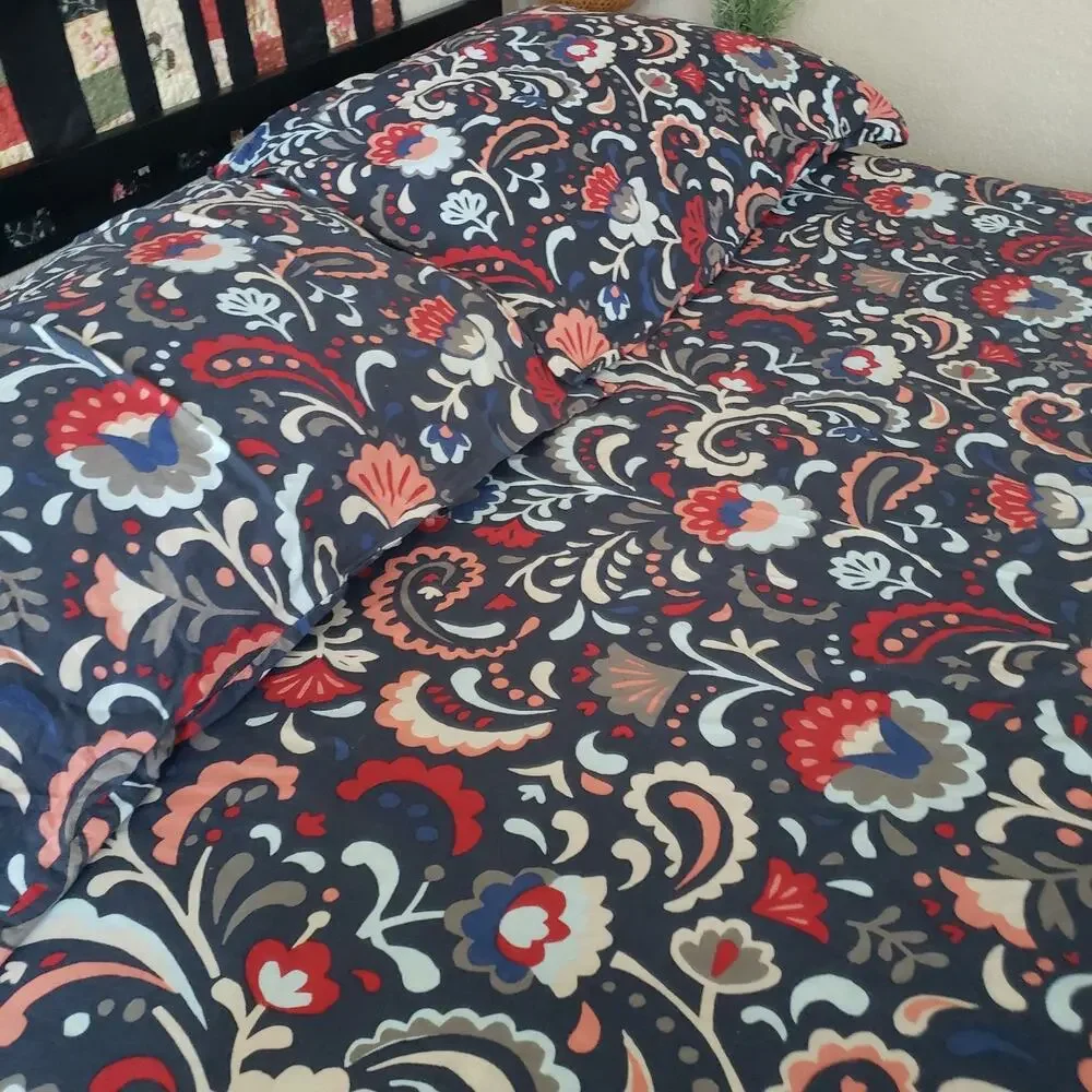 IKEA KRATTEN Full Queen Duvet Cover Set 2 Pillowcases 100% Cotton Floral Navy